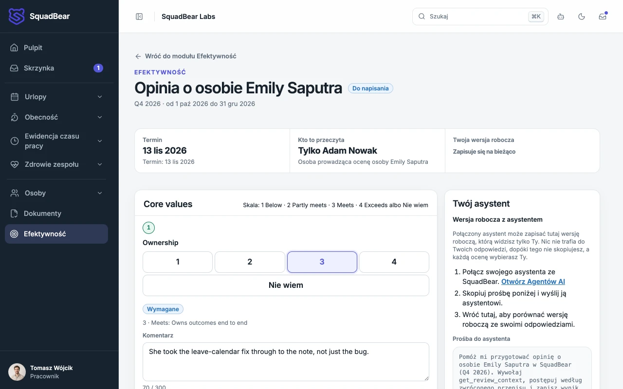 Tomasz Wójcik pisze opinię o osobie Emily Saputra. Przy Ownership zaznaczone jest 3, z komentarzem, a czyta ją tylko Adam Nowak.