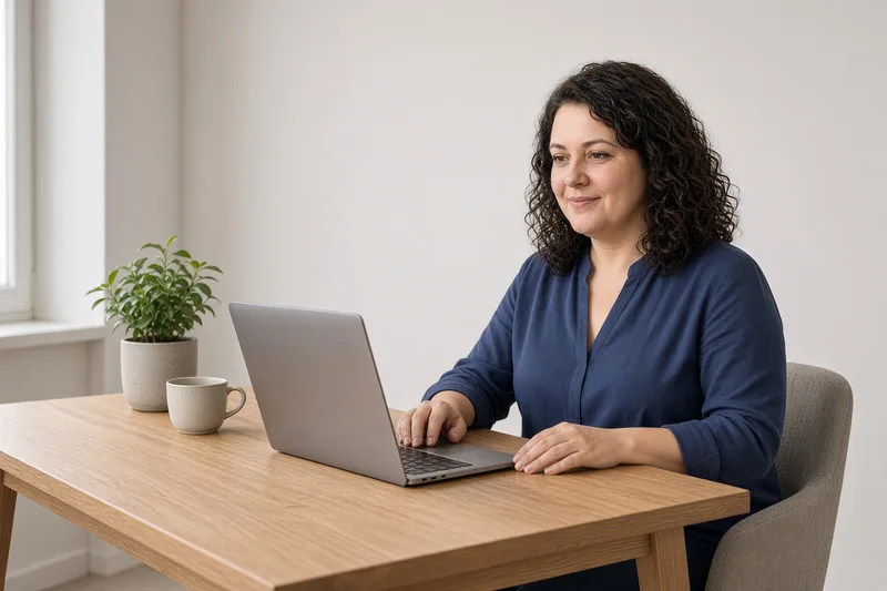 Pracowniczka skupiona na pracy przy laptopie w spokojnym biurze